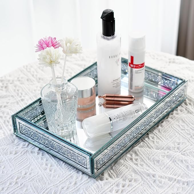 Kanpura Crush Diamond Mirror Perfume Tray, Silver Glass Mirror Trays for Vanity, Jewelry Organizer, Decorative Serving Tray for Christmas Coffee Table Decor(11.5”x7.5”x2”)