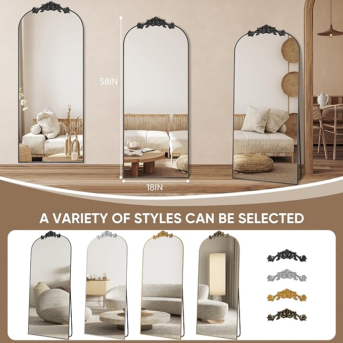 Antok Arched Full Length Mirror, 58"x18" Floor Mirror with Carved, Full Body Mirrors for HomeDecor, Standing/Halling Large Wall Mirror for Bedroom, Living Room, Cloakroom, Black, Retro Style