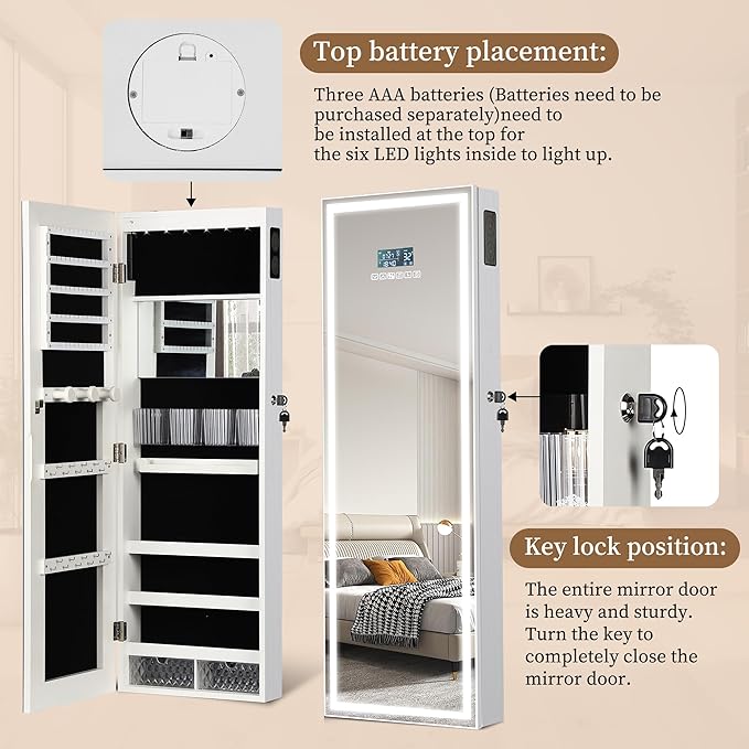 LED Mirror Jewelry Cabinet with Bluetooth Speaker, Wall/Door Mounted Jewelry Organizer Armoire, Full Length Lighted Mirror with Jewelry Storage,Jewelry Box Standing for Women