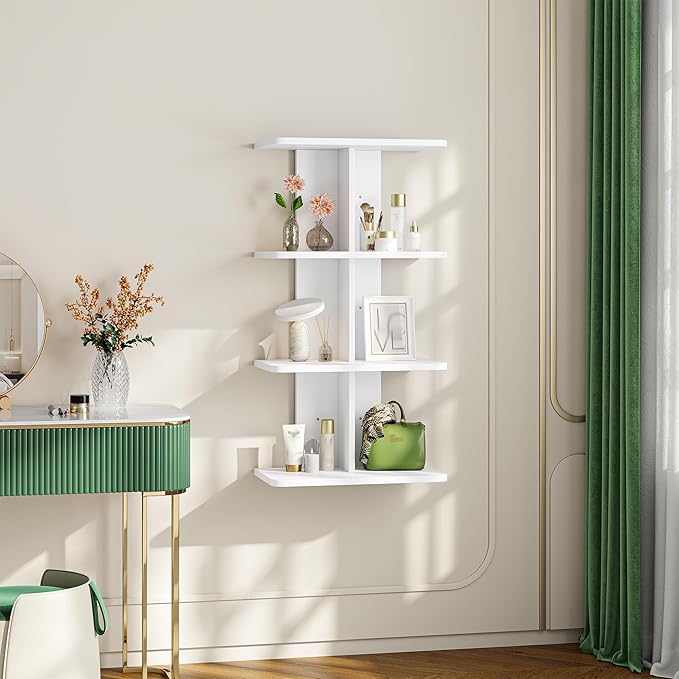 REIBII 4 Tier Wall Shelves, Vertical Column White Floating Shelves for Room Decor, Wall Mounted Shelves for Vanity, Bedroom, Living Room, Office