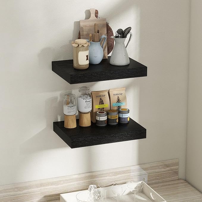 Fun Memories Floating Shelves for Wall, 12 x 16 Floating Shelf for Books, Rustic Wood Deep Storage Wall Shelf with Invisible Bracket - 16" Black Shelves for Living Room & Bedroom, Set of 2