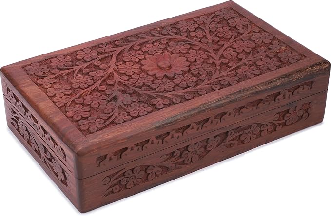 Ajuny Wooden Handcarved Decorative Jewelry Storage Box Flower Design Multipurpose Treasure Chest Keepsake Organizer Necklaces Watch Boxes Great for Gifts 8x5 Inch