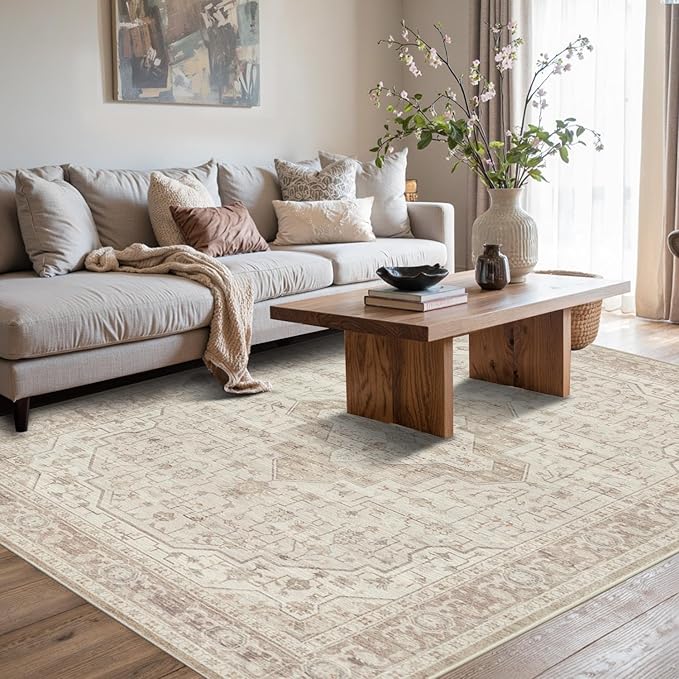 Rugxara 5X7 Washable Area Rug for Living Room, Vintage Neutral Large Boho Rugs for Office, Dining Room, Kids Room, Farmhouse, Durable Low Pile Non Slip Carpet for High Traffic Areas, Light, Cream