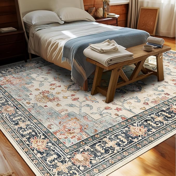CAPALOCA Machine Washable Rugs Nursery Rug 8x10 Cute Girl Non Slip Low Pile Water Repellent Soft Print Pattern for Bedroom Indoor Decor Kids Playroom Bluebeige