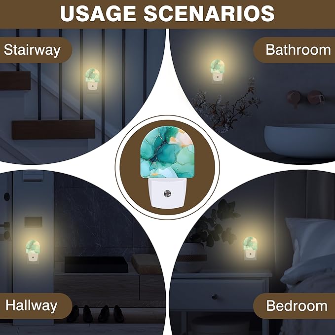 Night Light, Turquoise and Gold Marble Night Lights Plug into Wall Dusk to Dawn Sensor Round Nightlight for Women Men Energy Efficient Led Lamp 0.5W for Stairway Hallway Bedroom