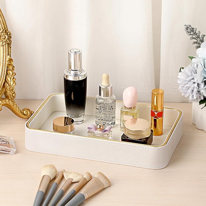 Hipiwe Decorative Perfume Tray PU Leather Valet Trays Bathroom Vanity Tray Catchall Trays Bedside Nightstand Organizer for Dresser Earrings Trinket Jewelry Holder, 9.5" x 6.1" x 1.5"