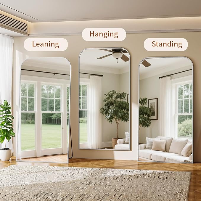Full Length Mirror 76"x34" Arched Floor Standing Large Mirrors Full Body Mirror with Stand - with Aluminum Frame for Bedroom Living Room, Silver