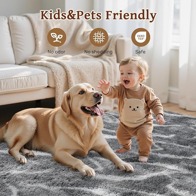 5x7 Ft Area Rugs for Living Room, Grey Plush Fluffy Shaggy Bedroom Rugs Non-Slip, Ultra Soft Carpet for Nursery Kids PlayRoom Dorm Office Indoor