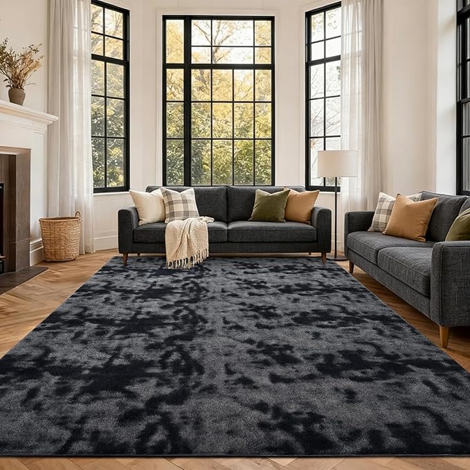 FinRèc 6x9 Washable Area Rugs for Bedroom Living Room, Low Pile Thin Ultra Soft Shag Rug, Non-Slip Carpet Indoor for Home Decor (Tie-dye Dark Grey)