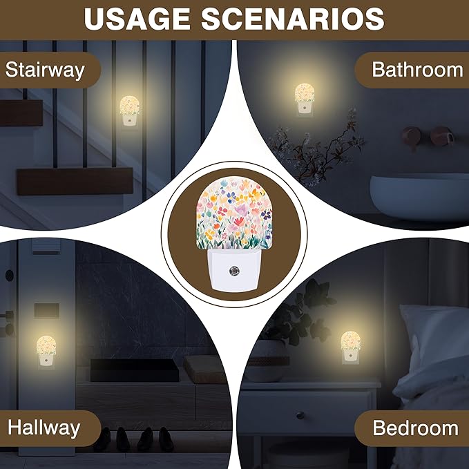 Night Lights Plug into Wall Watercolor Floral Night Light Dusk to Dawn Smart Sensor Decorative Round Led Lamp for Bedroom Kitchen Hallway Nightlight for Women Men