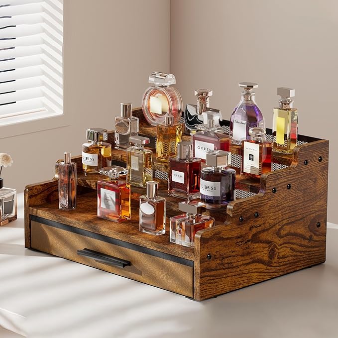 4 Tier Cologne Organizer for Men, Wooden Perfume Organizer with Drawer Storage, Perfume Display Shelf for Cologne, Watch, Grooming and Figures, Perfect Birthday/Easter Gift for Lovers & Fathers