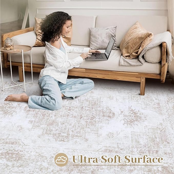 XLUEZ Area Rug 5x7 Living Room Rug, Machine Washable Vintage Distressed Medallion Rug Non-Slip Soft Low Pile Large Indoor Rugs for Bedroom Kitchen Dining Room Office(Beige,5'x7')