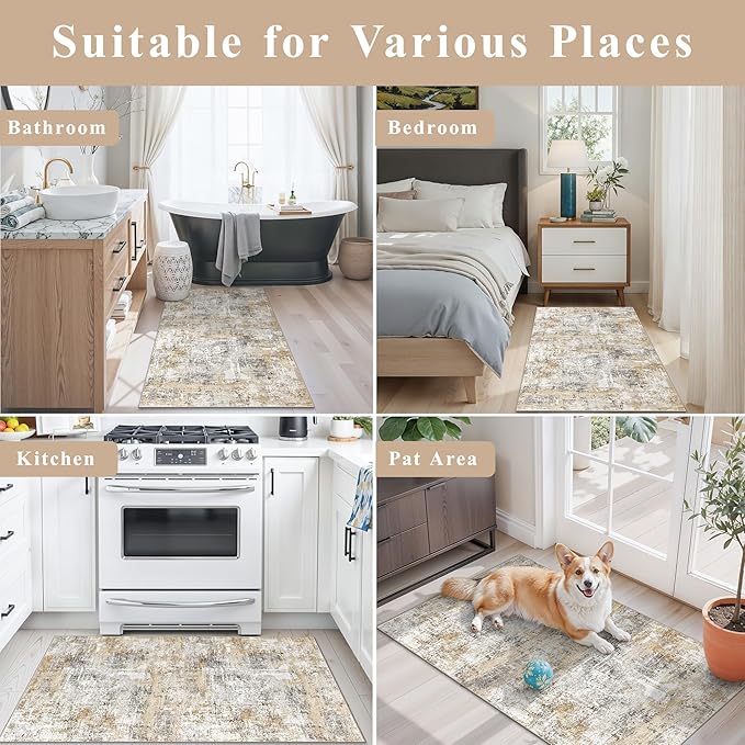 2x4 Modern Entryway Area Rug - Machine Washable Non-Skid Low Pile Indoor Mat for Bathroom,Living Room, Bedroom - Abstract Neutral Small Throw Soft Carpet with Rubber Backing (Gold Grey)