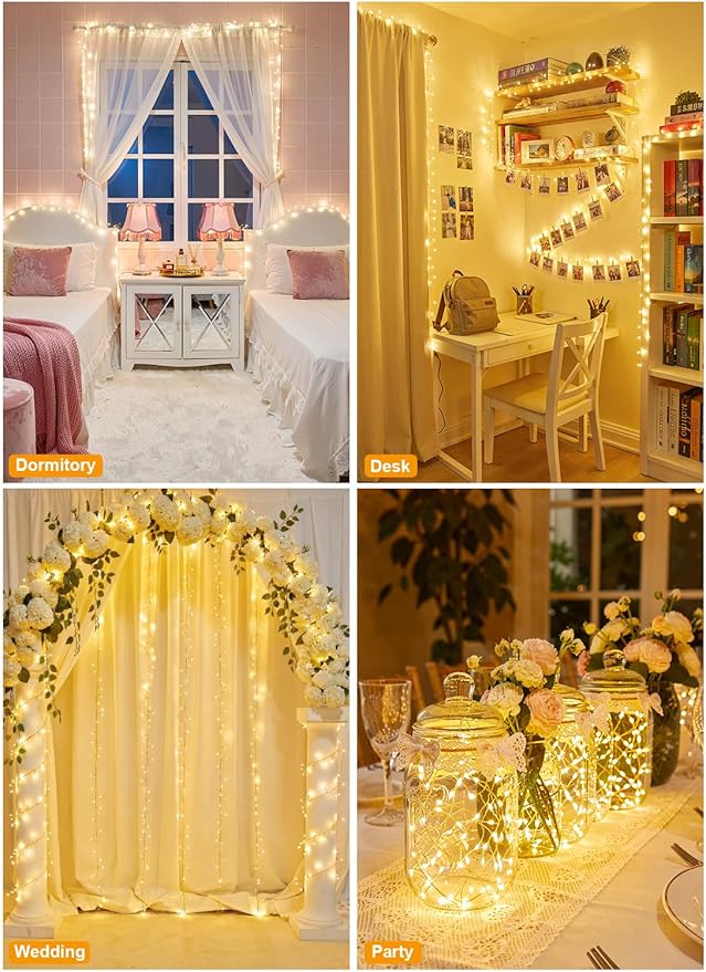 2 Pack 10 Ft Battery Operated Fairy Lights, 120LEDs Firecracker String Lights, Silver Wire Starry Firefly Light for Bedroom Home Wedding DIY Wreath Indoor Outdoor Christmas Decorations, Warm White