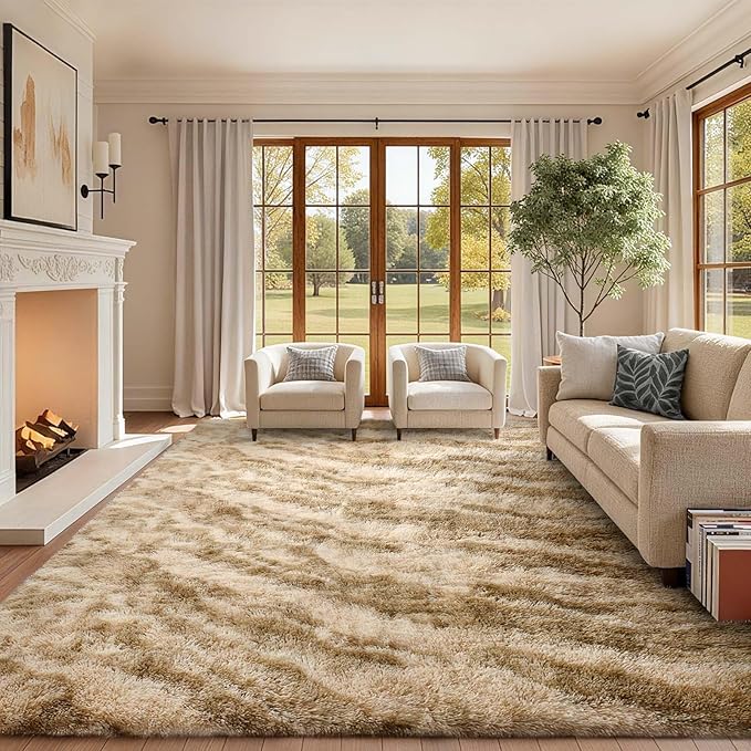 9x12 Ft Extra Large Shag Rugs for Living Room, Ultra Soft Fluffy Furry Area Rugs for Bedroom Indoor Floor, Aesthetic Carpet for Kids Home Decor (Khaki)