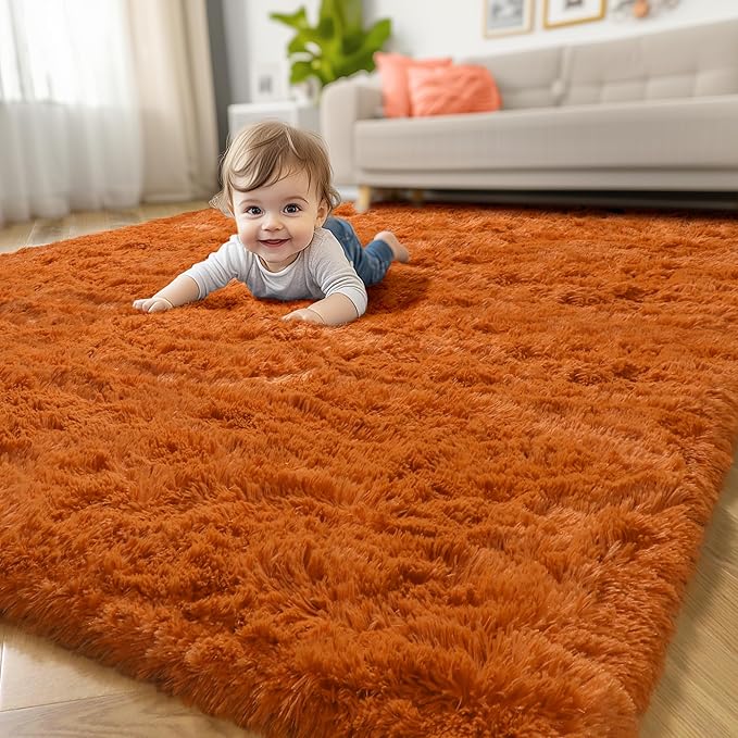 Amdrebio Burnt Orange Large Area Rugs 8x10 for Living Room Bedroom, Fluffy Fuzzy Shaggy Furry Rug for Kids Room Decor Aesthetic, Big Cute Plush Shag Dark Orange Carpet for Classroom Playroom Nursery
