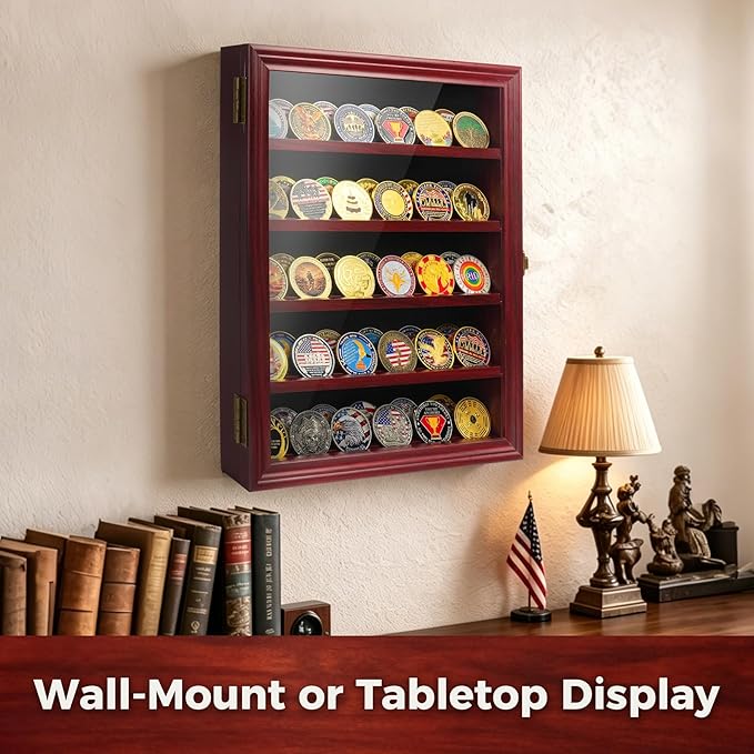 ASmileIndeep Military Challenge Coin Display Case Holder with HD Toughened Glass and Wall Mount, Wooden Coin Stand Rack with Removable 2 Grooves Shelves, Mahogany Finish…
