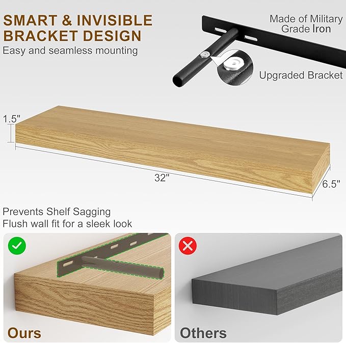 Fun Memories Floating Shelves for Wall, 32Inch Floating Shelves Set of 2, Hanging Shelf with Invisible Brackets, Wood Shelves for Living Room, Bedroom, Kitchen, Oak