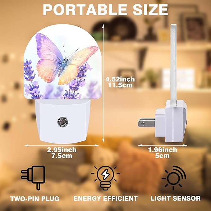 Night Lights Plug into Wall Butterfly on Lavender Flower Night Light Dusk to Dawn Smart Sensor Decorative Round Led Lamp for Bedroom Kitchen Hallway Nightlight for Women Men