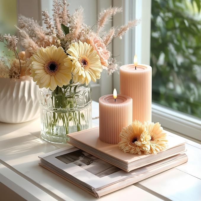 Fluted Ribbed LED Pillar Candles, Blush Beige, with Reflective Melted-Wax Effect – Flickering Flame, Remote, Dimmable, Flameless, Battery Operated, Home & Wedding Decor (Set of 3)