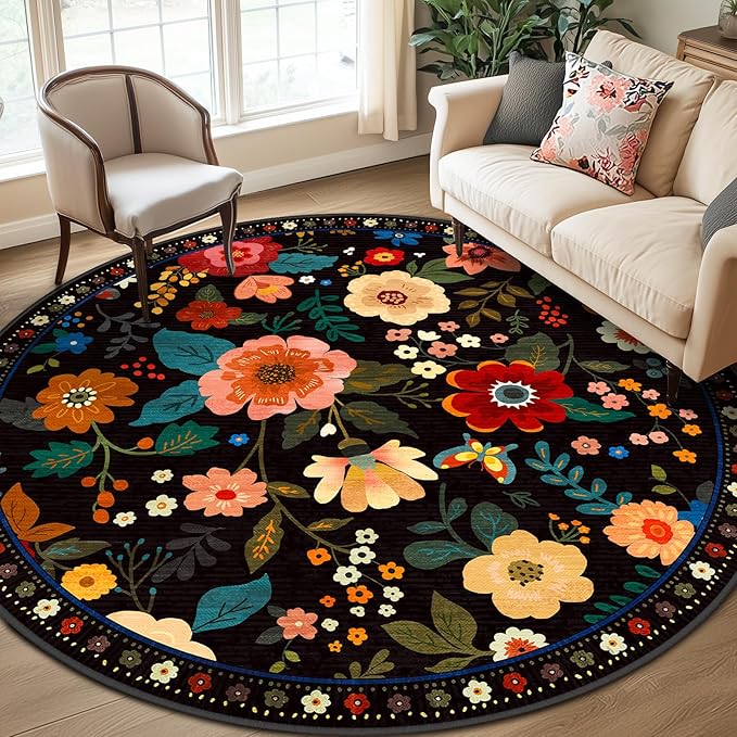 RELEANY Floral Nursery 8ft Area Rugs Washable Print Boho Cute Carpet Non Slip Flower Low Pile for Living Room Kids Girls Playroom Bedroom Kitchen Office Farmhouse-Black