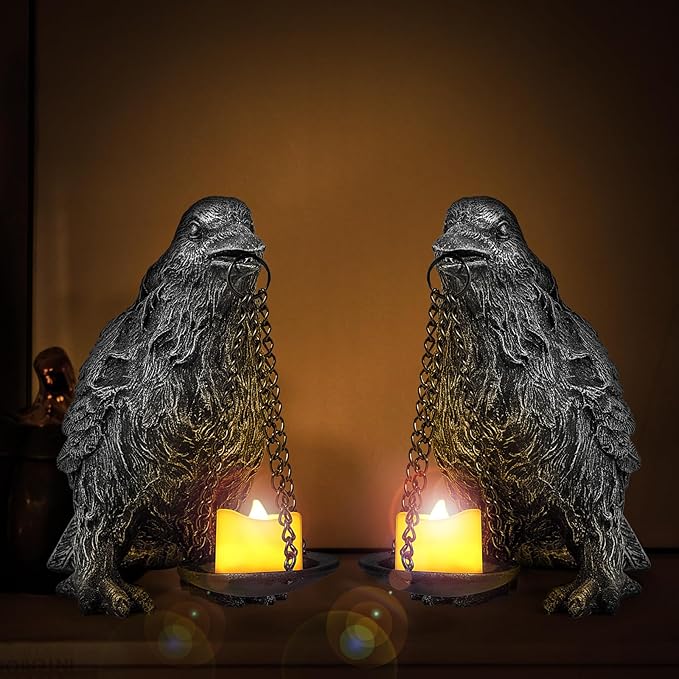 Gothic Crow Lamp with Tealight Candle Holder Resin Raven Decor Statue Gothic Home Decor for Bedroom Unique Goth Gifts Half Silver 2P