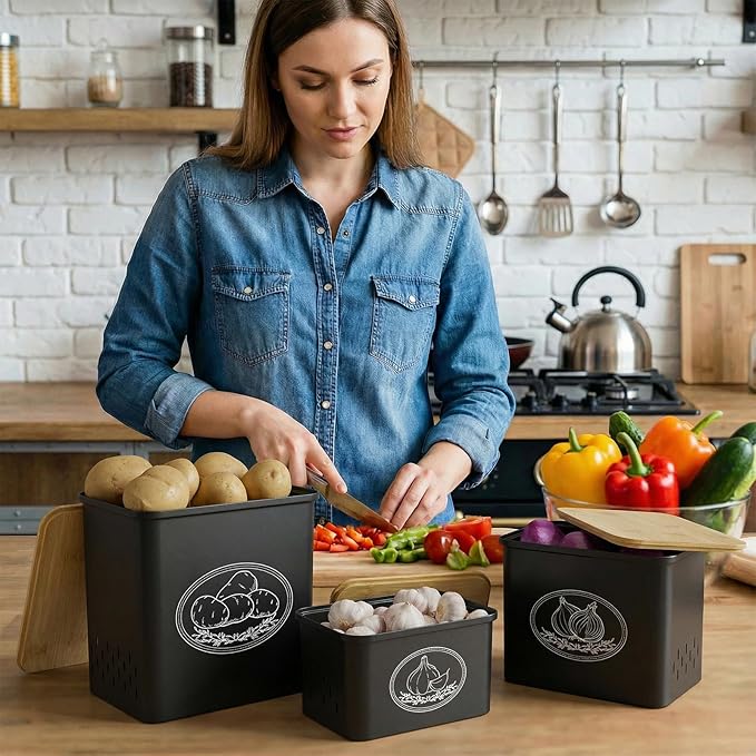 Lifewit Potato and Onion Storage Bin, Stackable Garlic Keeper with Aerating Holes and Lid, Plastic Vegetable Container Box for Pantry Countertop, Black, 24 x 18 x 24 cm/9.5 x 7 x 9.5 inch, Set of 3