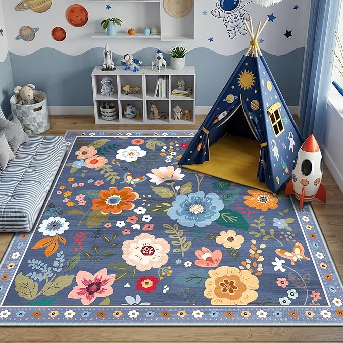 RELEANY Floral Nursery Square 6ft Area Rugs Washable Print Boho Cute Carpet Non Slip Flower Low Pile for Living Room Kids Girls Playroom Bedroom Kitchen Office Farmhouse-Blue/Grey