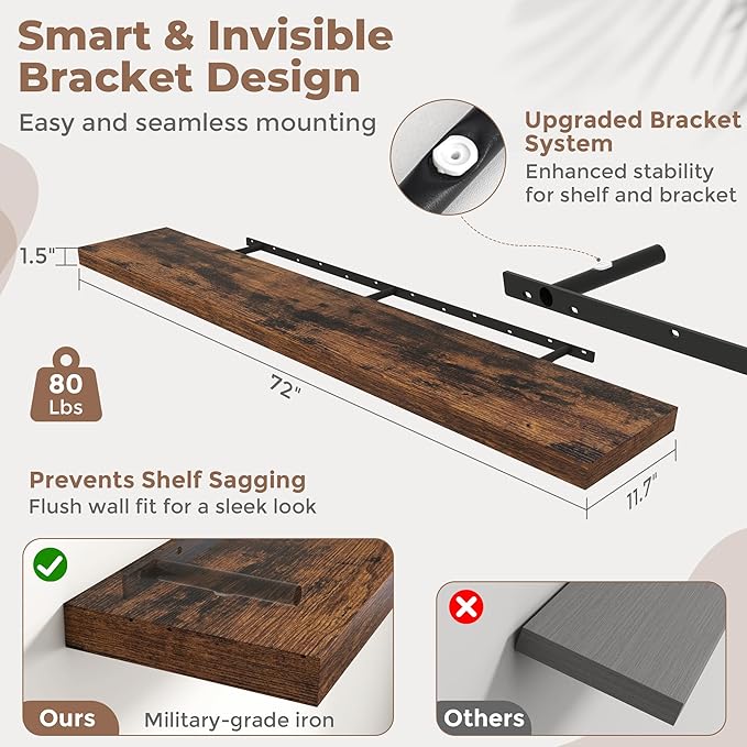 72 Inch Floating Shelves for Wall with Invisible Brackets Set of 2, 12"D Engineered Wood Wall Shelves with Wood Grain for Living Room, Bedroom, Bathroom, Kitchen Decor and Storage, Rustic Brown