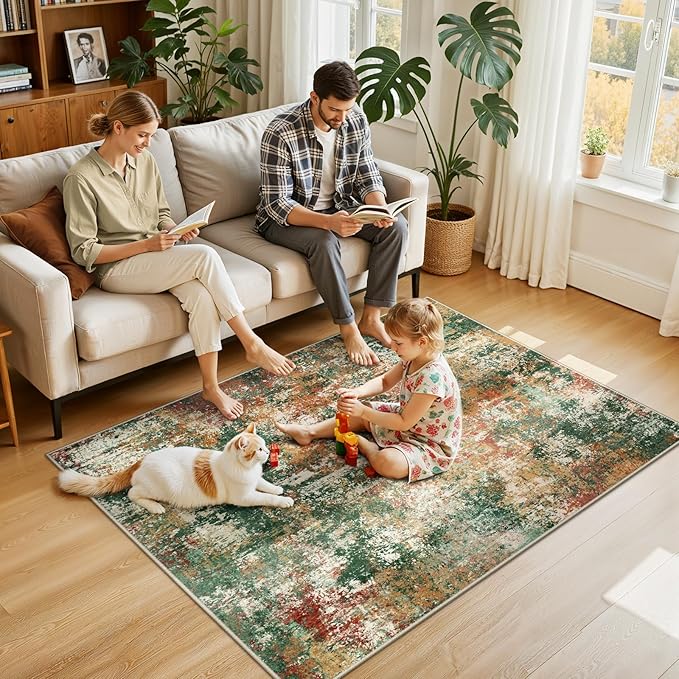 RELEANY Washable Area Rugs 4'x6' Non-Slip Modern Abstract Soft for Living Room Entryway Bedroom Nursery, Print Pattern, Green Orange Rust Red Cream Colorful