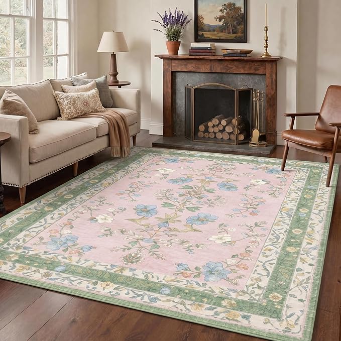 GENIMO 5x7 Area Rugs for Living Room, Machine Washable Non Slip Vintage Rugs, Low Pile Lightweight Chenille Print Rug for Bedroom, Dining Room, Home Office, Light Green Pink