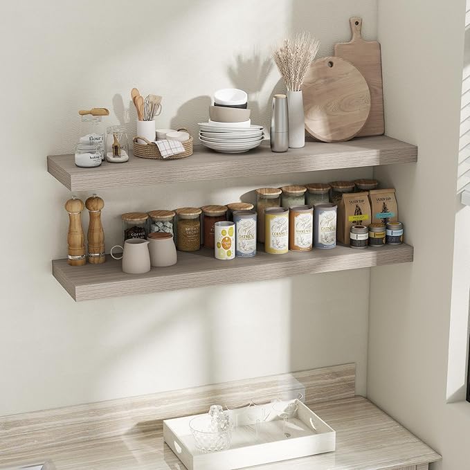 Fun Memories 12 Inch Deep Floating Shelves, 48 x 12 Floating Shelves for Wall Set of 2, Extra Deeper Hanging Wood Wall Shelves for Bedroom, Living Room, Kitchen, Grey