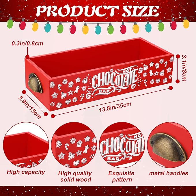 Soaoo Christmas Hot Cocoa Bar Wood Storage Box Cocoa Decorative Organizer Christmas Basket Organizer Bins Xmas Open Holder Box for Home Kitchen Office Holiday Gift(Red, White,Cane)