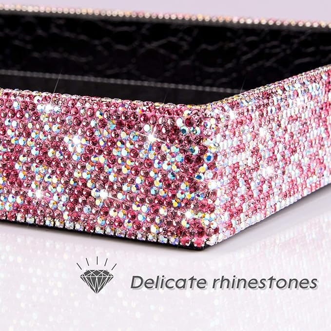 Jewelry or Makeup Storage Box Organizer Display Storage Case Desk for Dresser, Bathroom, Bedroom, and Makeup Perfume,Magnificent Handmade Serving Tray, Handicraft with Glittery Crystal(Pink)