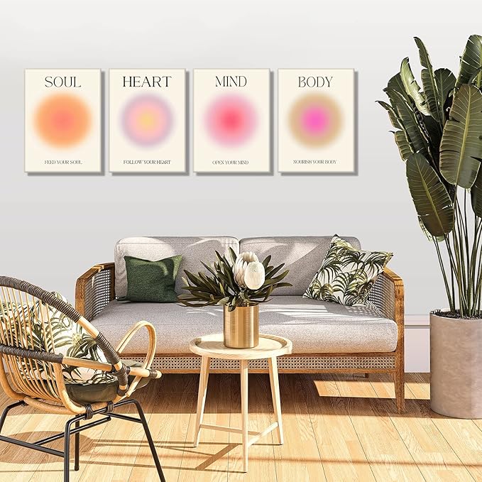 Framed Art Angel Halo Aesthetics Poster Set of 4 Pieces Colorful Aura Gradient Canvas Wall Art Spirit Soul Quote Print Painting Danish Pastel Bedroom Bathroom Yoga Wall Decor Gift for Lovers 12x16