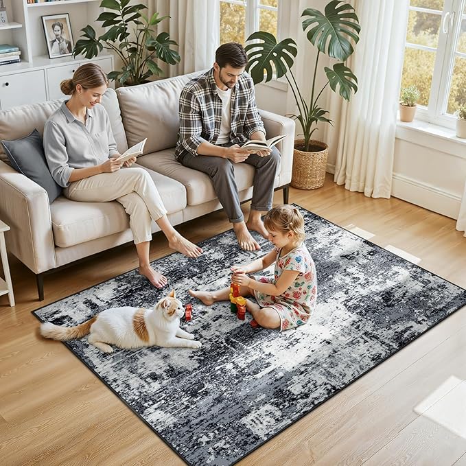RELEANY Washable Area Rugs 4'x6' Non-Slip Modern Abstract Soft for Living Room Entryway Bedroom Nursery, Print Pattern, Black Navy Blue Gray