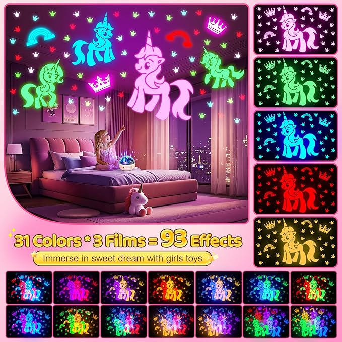 Staryou Unicorn Toys for Girls Age 4-6, [93 Modes+Remote] Toys for 3 Year Old Girl, 3 Timer+3 Brightness Unicorn Gifts for Girls 4-6, 360° Rotate Night Light Projector, 6 Year Old Birthday Gifts