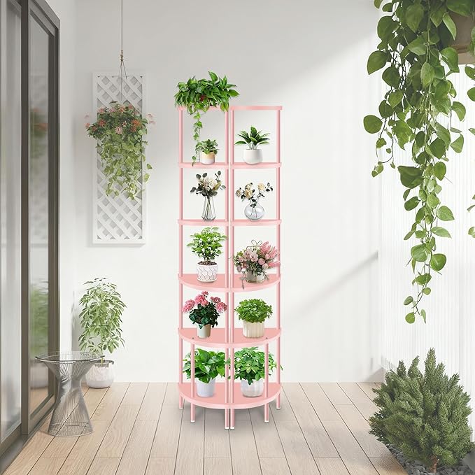 Qupui 6 Tier Corner Shelf Stand, 66” Tall Corner Bookshelf Multipurpose Shelving Unit, Plant Stand Display Rack Home Organizer Shelves for Bedroom Living Room, Pink