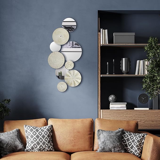 Blulu 9 Pcs White Gold Mirror Wall Decor Metal Round Home Art Decor Decorative Modern Circle Mirror Wall Art Sculpture Hanging Decorations for Home Living Room Office