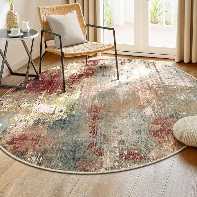 RELEANY Washable Area Rugs 8ft Non-Slip Modern Abstract Soft for Living Room Entryway Bedroom Nursery, Print Pattern, Brown Rust Red Green Blue Multi