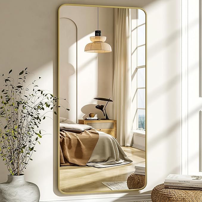 XRAMFY 76"x34" Floor Full Length Mirror Standing Full Body Rounded Corner Rectangle Mirrors with Stand Hanging Wall Mounted Leaning Bedroom Living Room Bedroom Cloakroom,Gold