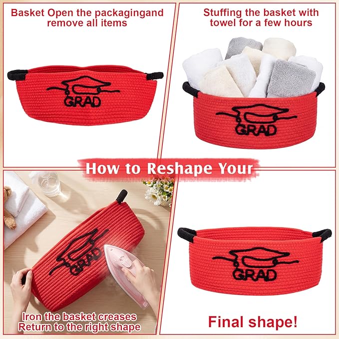 Colingmill 2026 Graduations Gift Basket Empty to Fill, Woven Rope Basket 15" x 11" x 6" Decorative Storage Baskets with Gift Bag, Bow, Tissue Paper & Year Charm(Red,Black,Graduation)