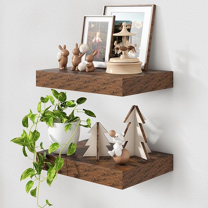 FLYJOE 12 Inch Deep Floating Shelves | 16 Inch Brown Floating Shelves Set of 2 | 16W x 12D Rustic Shelves for Wall | Deep Wood Shelves for Living Room Bathroom Kitchen Bedroom