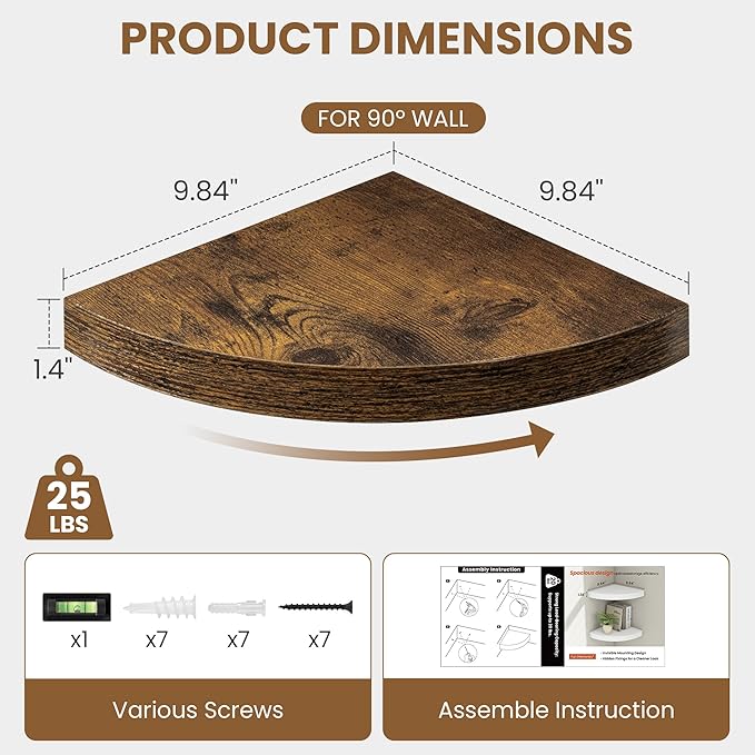 Fun Memories Floating Corner Shelves Set of 2 - Rustic Wood Wall Mounted Storage and Display Shelves for Living Room, Bedroom, Kitchen, Bathroom - Space Saving Home Decor, Brown