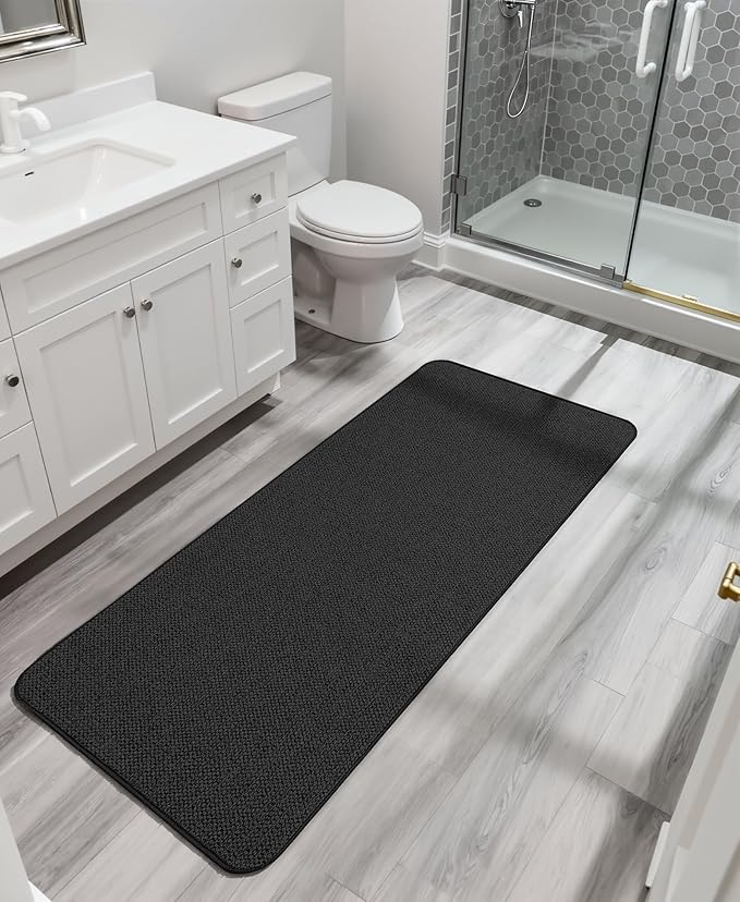 Bosap Bath Mat,Ultra Thin Bathroom Runner Rugs,Large Bath Mats for Bathroom,Quick Dry,Non-Slip,Machine Washable,Low Pile,Bath Rug,Shower Outside,Sink,Home Decor Accessories.Black,3'x6'(36x72inch)