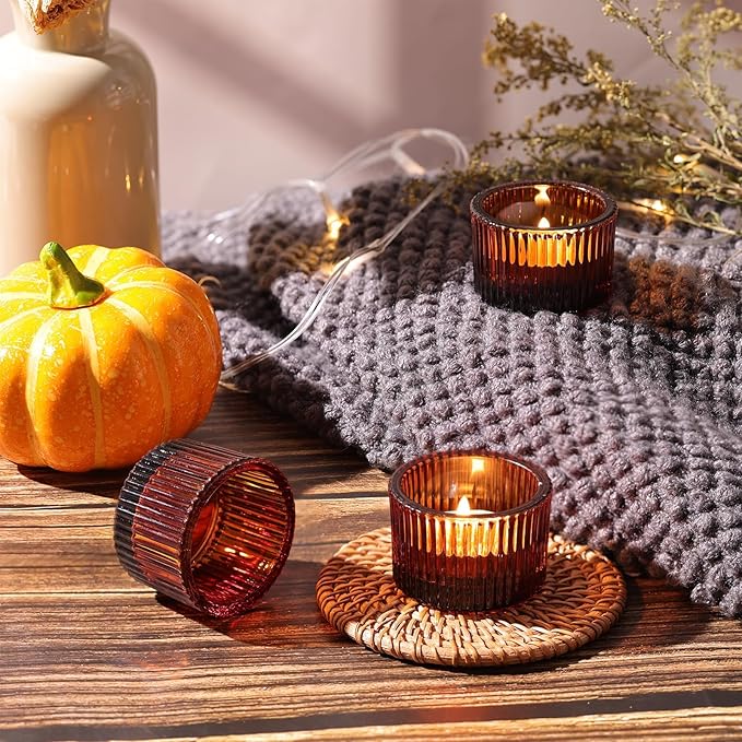 HAVITI 24 Pack Amber Tealight Candle Holders, Glass Votive Candle Holders Fall Decorations for Home Table Fall Wedding Centerpieces, Party Supplies and Vintage Decor