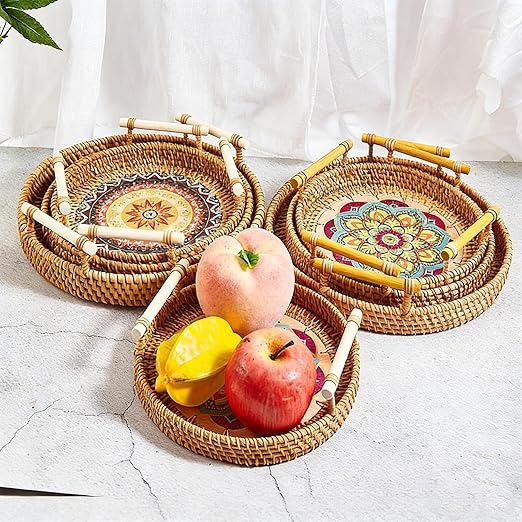 28cm/11.02in Oval Rattan Woven Tray Basket with Handles, Hand Woven Round Rattan Serving Decorative Wicker Trays for Table Decor (L)
