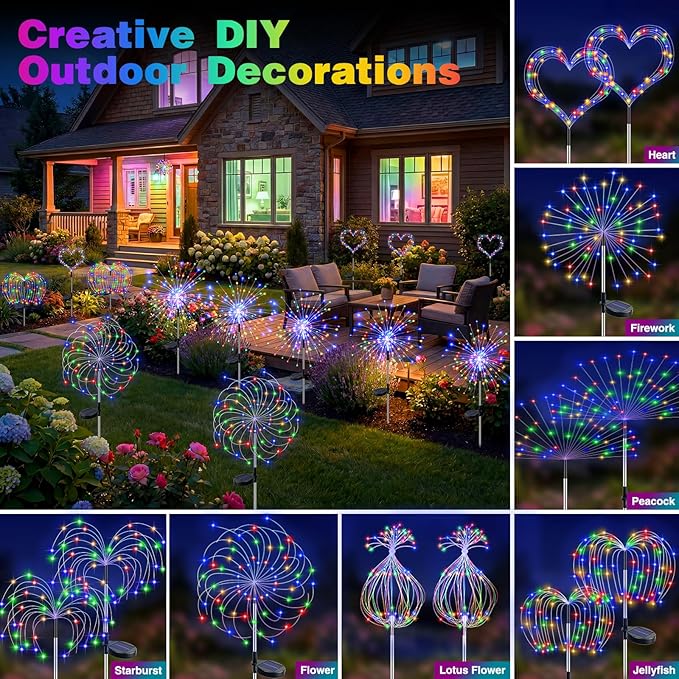 btfarm 2 Pack Solar Garden Lights Outdoor 8 Modes, 120 LED Firework Lights Solar Powered, Waterproof Twinkle Fairy Light Outside for Yard Pathway Lawn Pool Patio Christmas Decorative, Multicolor