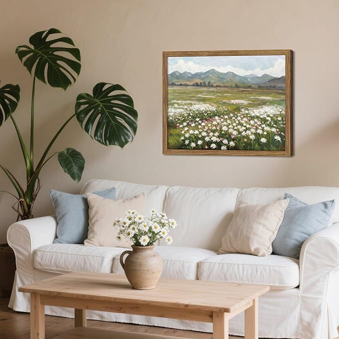 Framed Farmhouse Landscape Wall Art, Modern Country Flower Wall Decor, Vintage Wildflowers Mountain Canvas, Farm House Nature Pictures Print Artwork for Bedroom Living Room – 12x16 inch