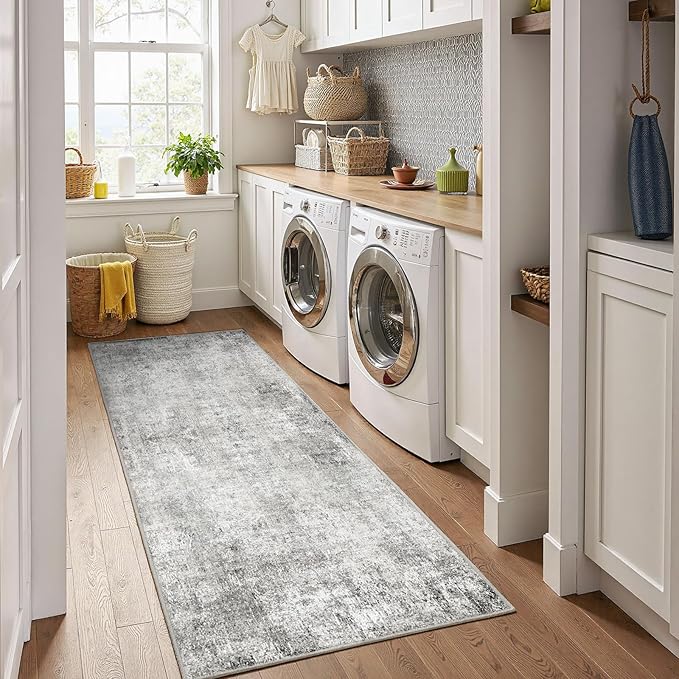 RELEANY Washable Area Rugs 2'x8' Non-Slip Modern Abstract Soft for Living Room Entryway Bedroom Nursery, Print Pattern, Gray White Grey